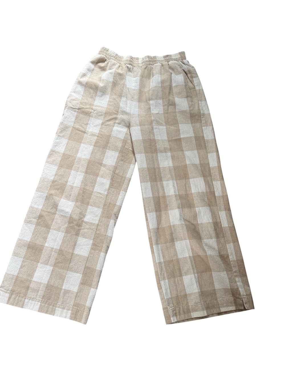 Neuflora Cotton/Linen Beige & White Gingham Wide Leg 3/4 Pants, size Small